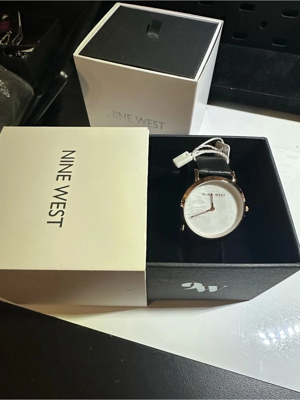 Nine West Black Leather Strap Watch with Rose Gold-Tone Case and White Dial